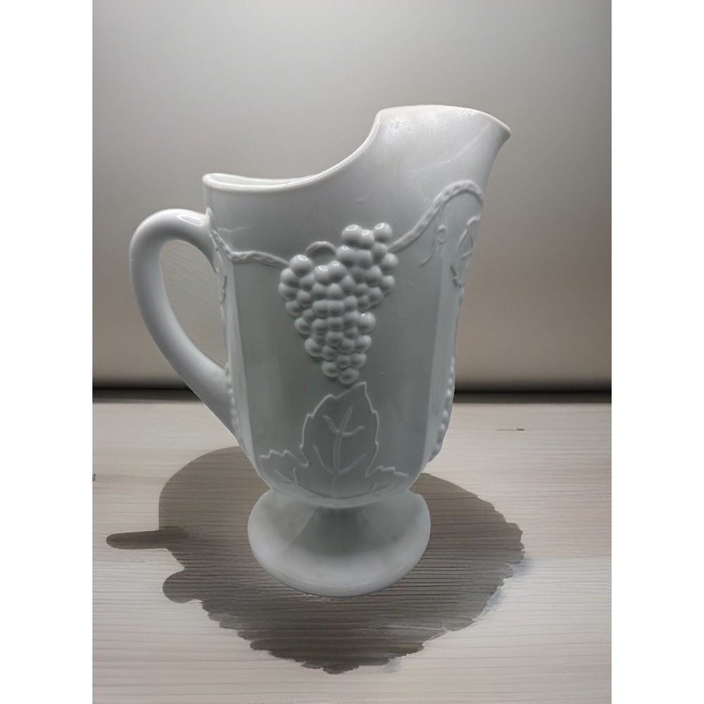 Vintage Indiana Colony Harvest Grape Milk Glass Footed Pitcher w/ Ice Lip 64 Oz